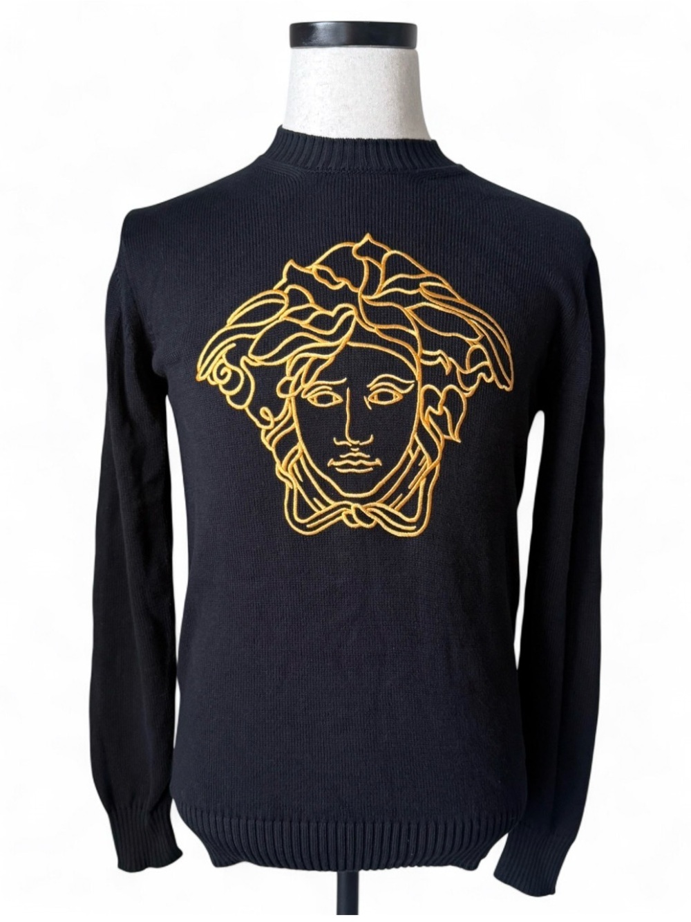 Versace Black Crewneck Sweater with Gold Medusa Size 44 IT / XS International - Picture 2 of 5